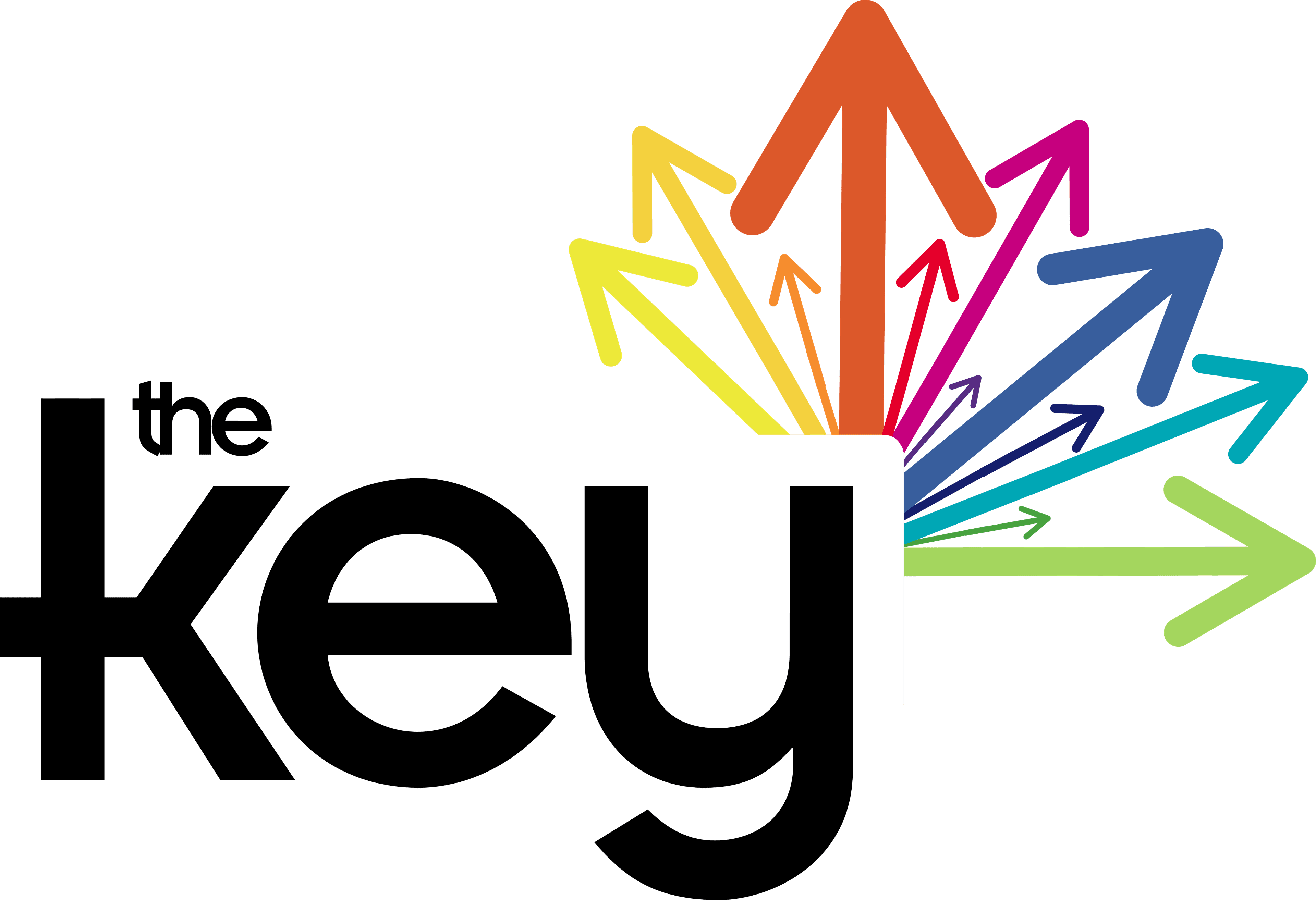 The words the key in black lettering with a rainbow of arrows coming off the last letter