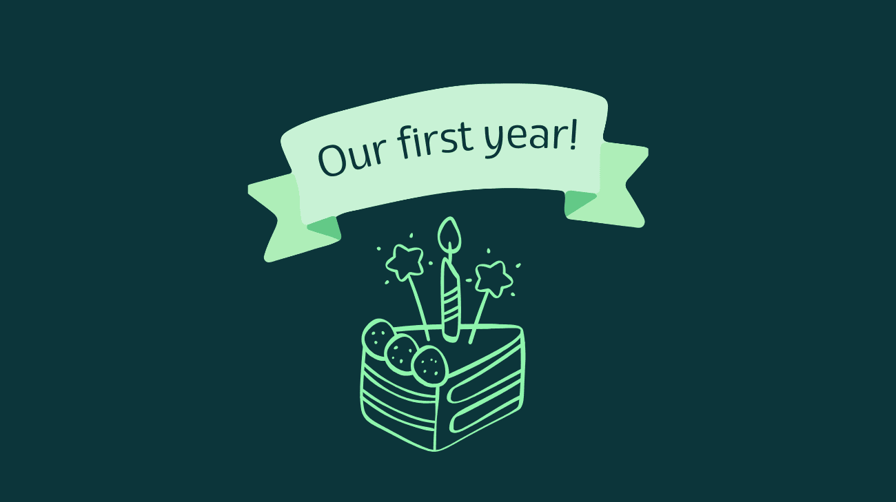 A piece of cake with a candles and sparklers accompanied by a banner that says happy anniversary