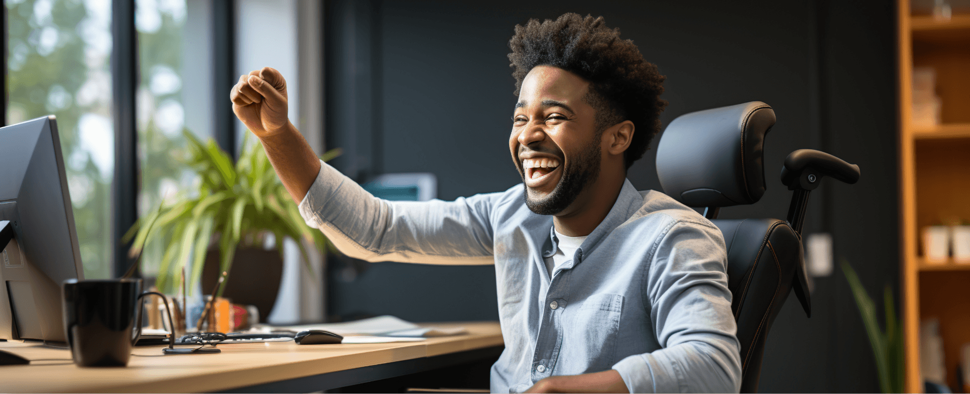A man at a desk laughing