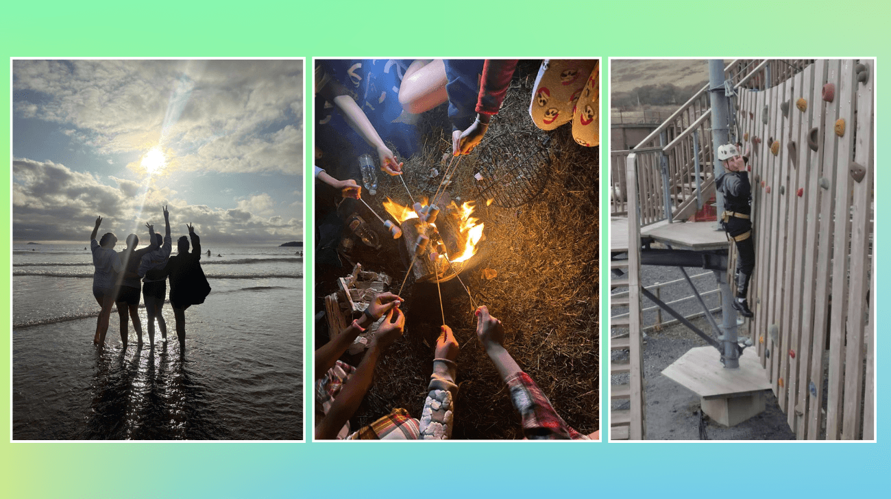a series of 3 images showing young people on a beach, around a campfire, on a climbing wall